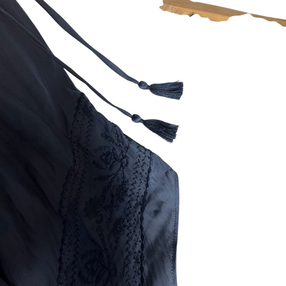 Ramy Brook Hayley Navy Cinch Tie Waist Asymmetrical Lace Hem Midi Dress Sz L - Picture 8 of 11